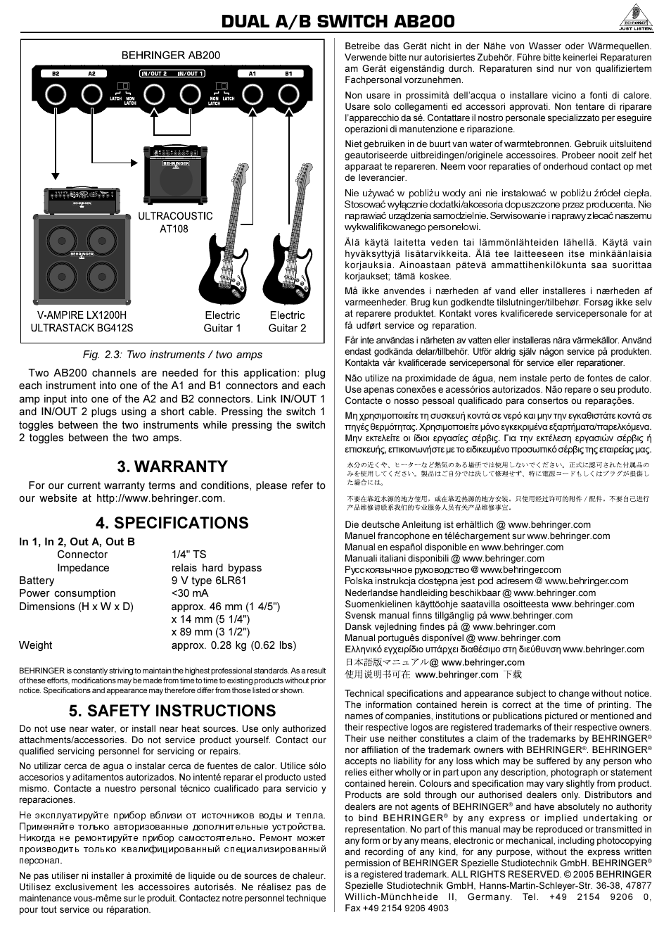 Dual a/b switch ab200, Warranty, Specifications | Safety instructions | Behringer DUAL A/B SWITCH AB200 User Manual | Page 2 / 2
