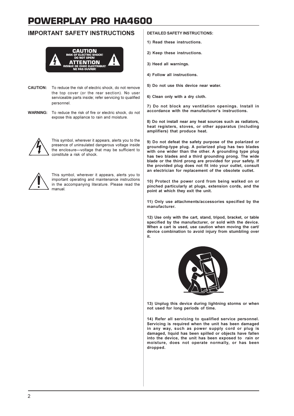 Powerplay pro ha4600, Important safety instructions | Behringer Powerplay Pro HA4600 User Manual | Page 2 / 12