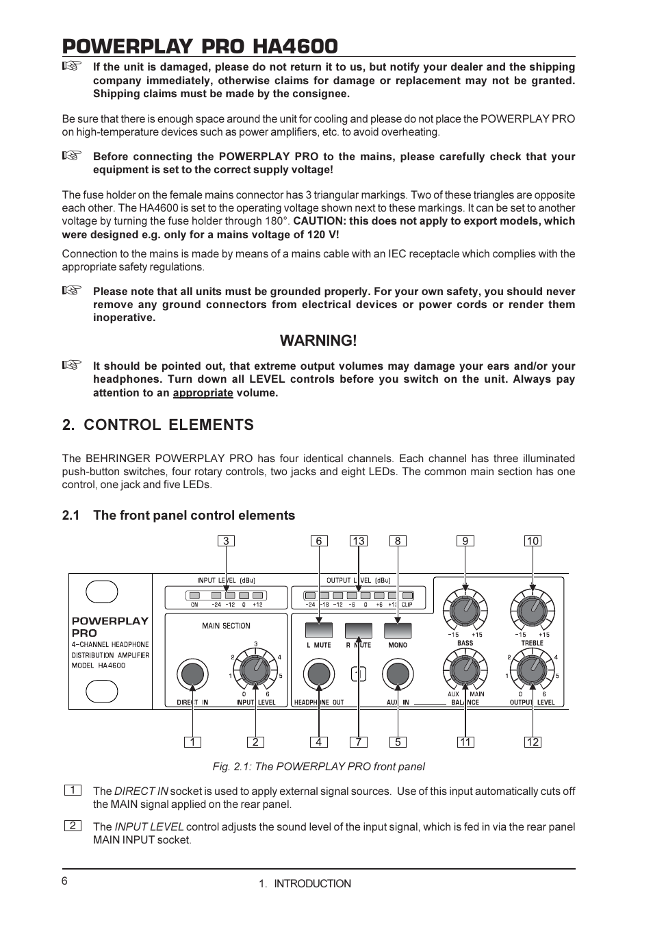 Powerplay pro ha4600, Warning, Control elements | Behringer Powerplay Pro HA4600 User Manual | Page 6 / 12