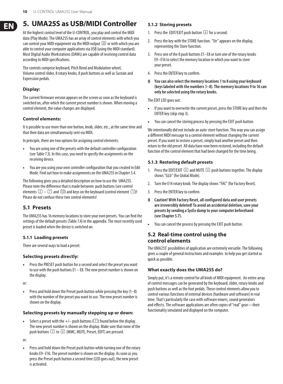 Uma25s as usb/midi controller, 1 presets, 2 real-time control using the control elements | Behringer U-CONTROL UMA S UMA25S User Manual | Page 10 / 23