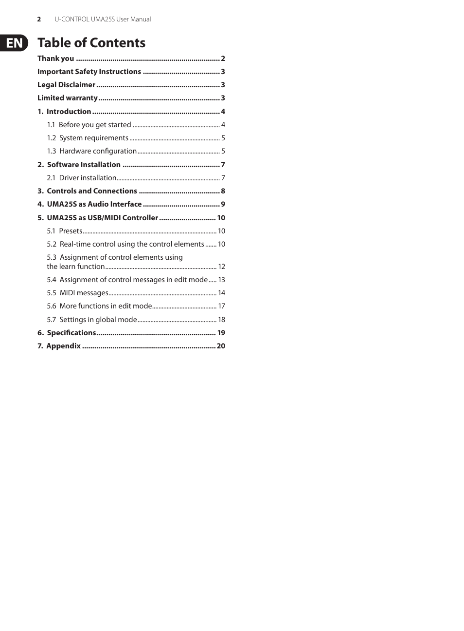 Behringer U-CONTROL UMA S UMA25S User Manual | Page 2 / 23