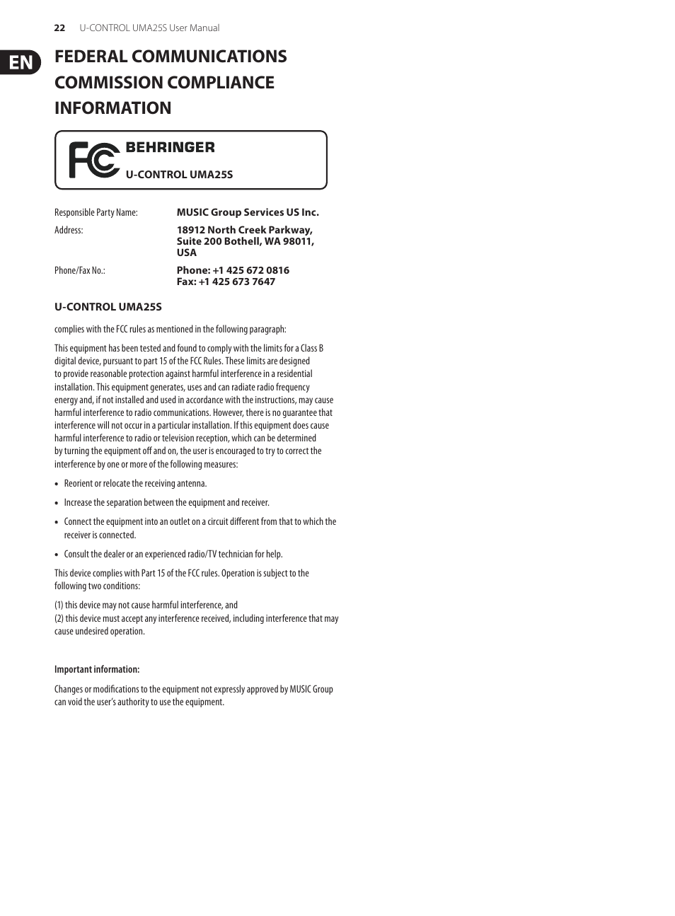 Behringer U-CONTROL UMA S UMA25S User Manual | Page 22 / 23