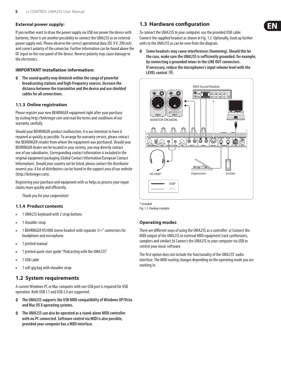 2 system requirements, 3 hardware configuration, 2 system requirements 1.3 hardware configuration | Behringer U-CONTROL UMA S UMA25S User Manual | Page 5 / 23