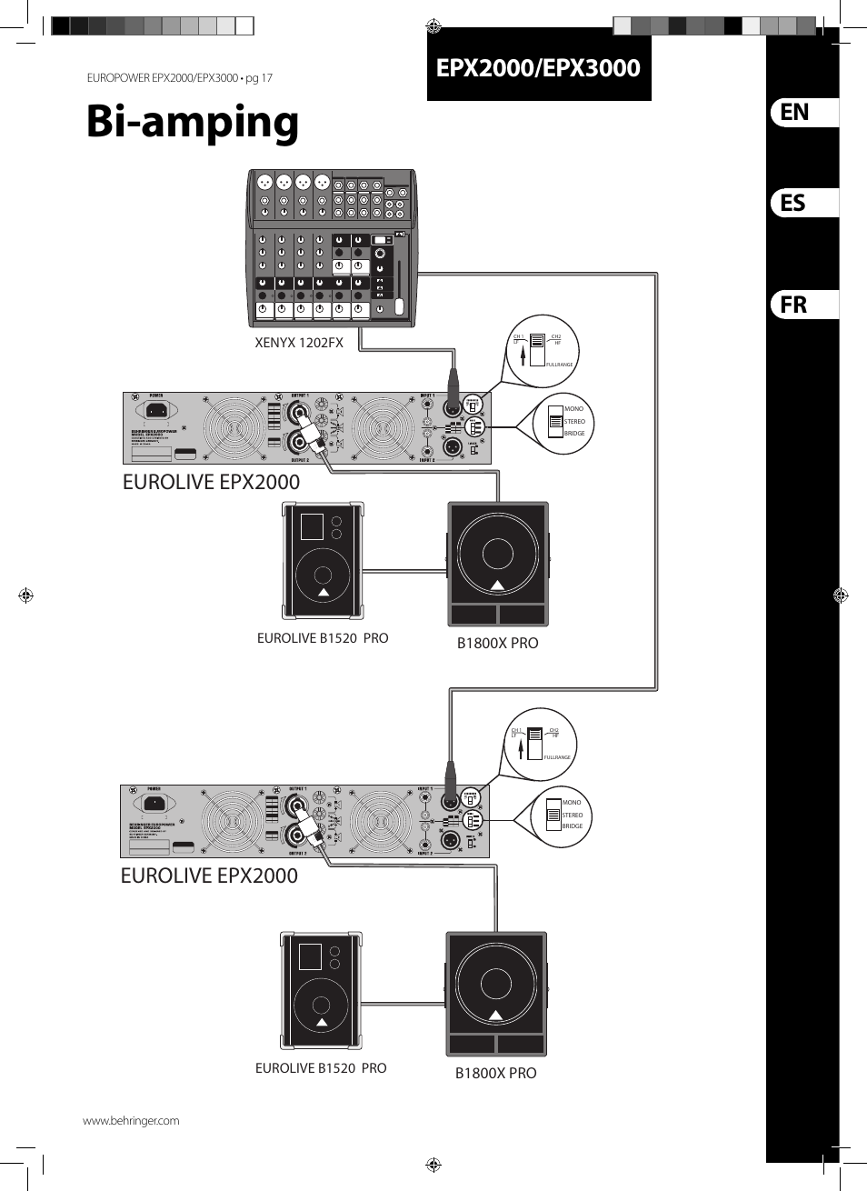 Bi-amping, En es fr, Eurolive epx2000 | B1800x pro | Behringer EUROPOWER EPX3000 User Manual | Page 17 / 25