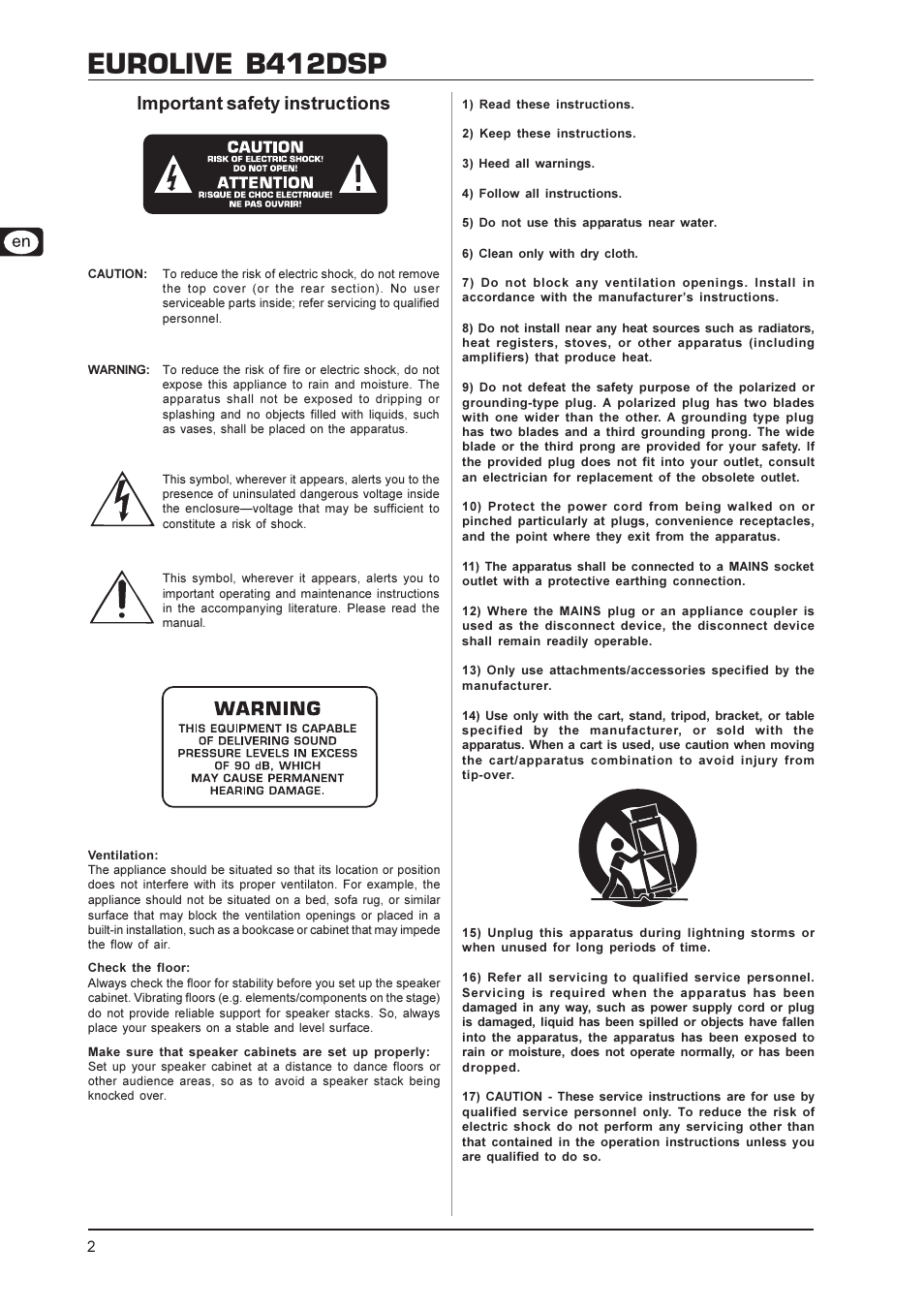 Eurolive b412dsp, Important safety instructions | Behringer Eurolive Digital Processor-Controlled 600-Watt 12" PA Speaker System with Integrated Mixer B412DSP User Manual | Page 2 / 12