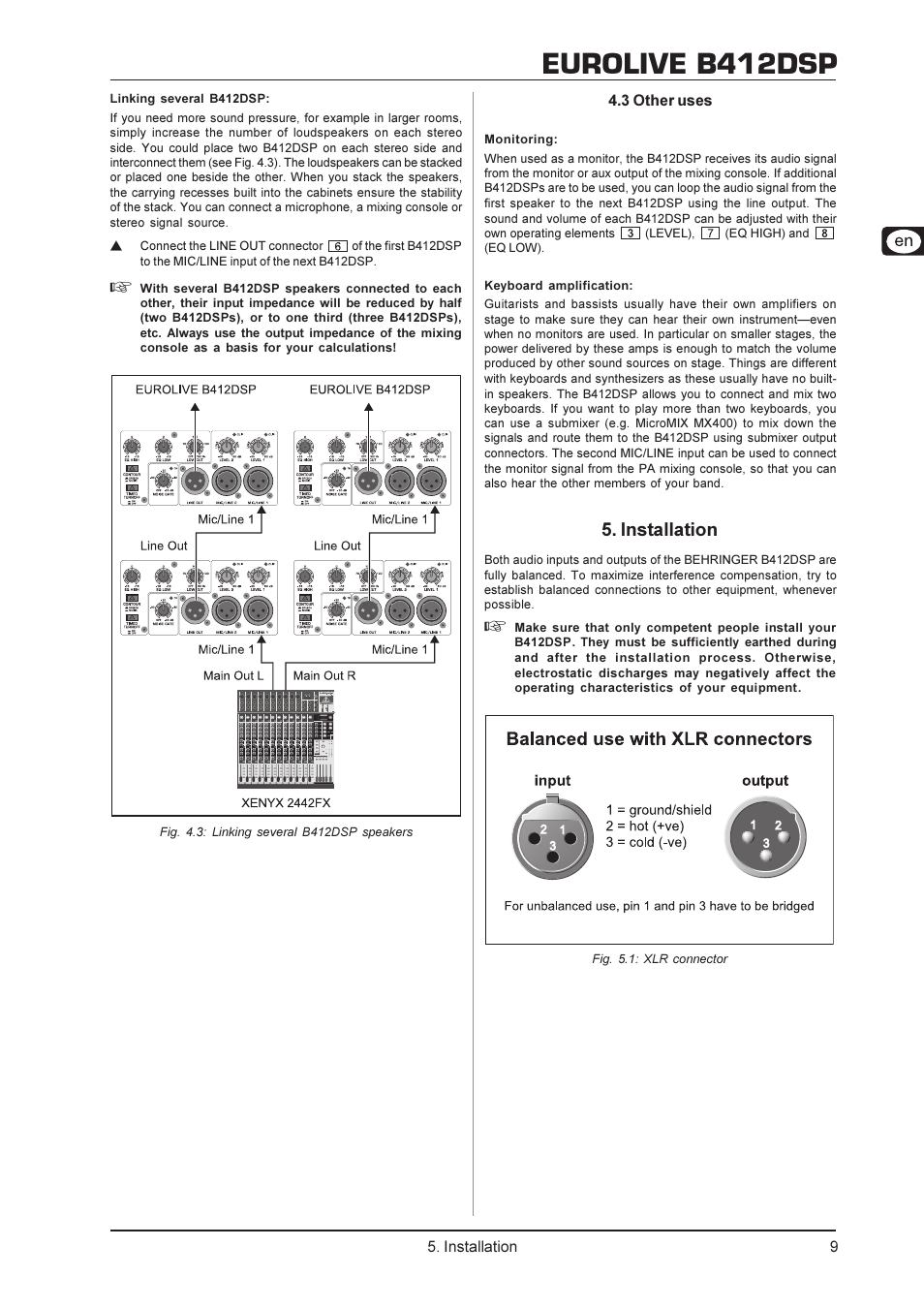 Eurolive b412dsp, Installation | Behringer Eurolive Digital Processor-Controlled 600-Watt 12" PA Speaker System with Integrated Mixer B412DSP User Manual | Page 9 / 12