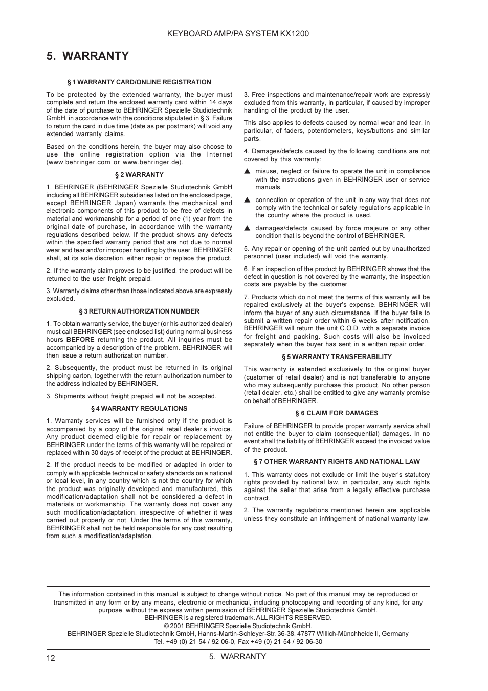 Warranty | Behringer KX1200 User Manual | Page 12 / 12