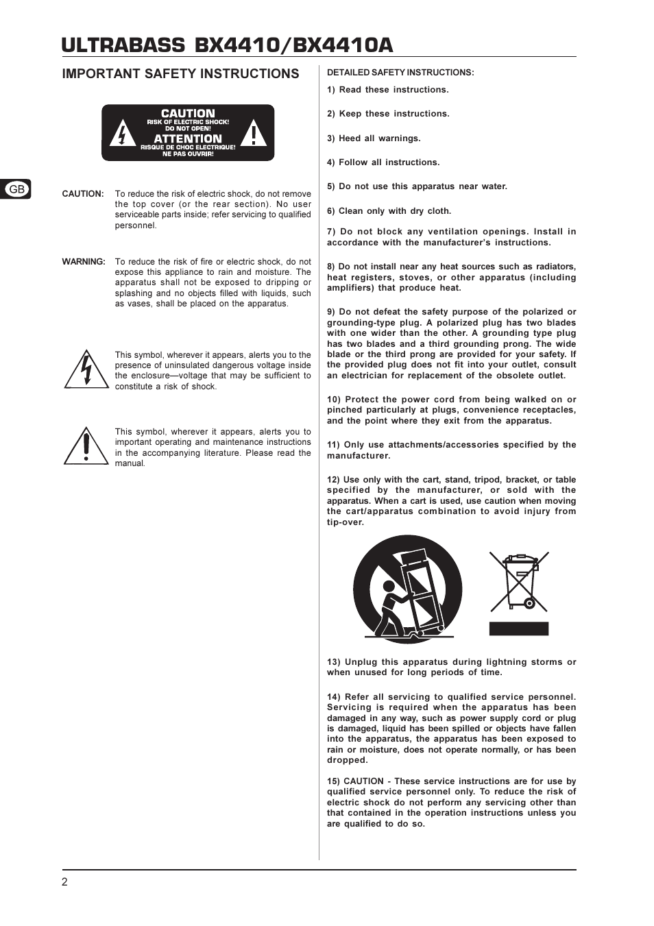 Important safety instructions | Behringer Ultrabass BX4410 User Manual | Page 2 / 10