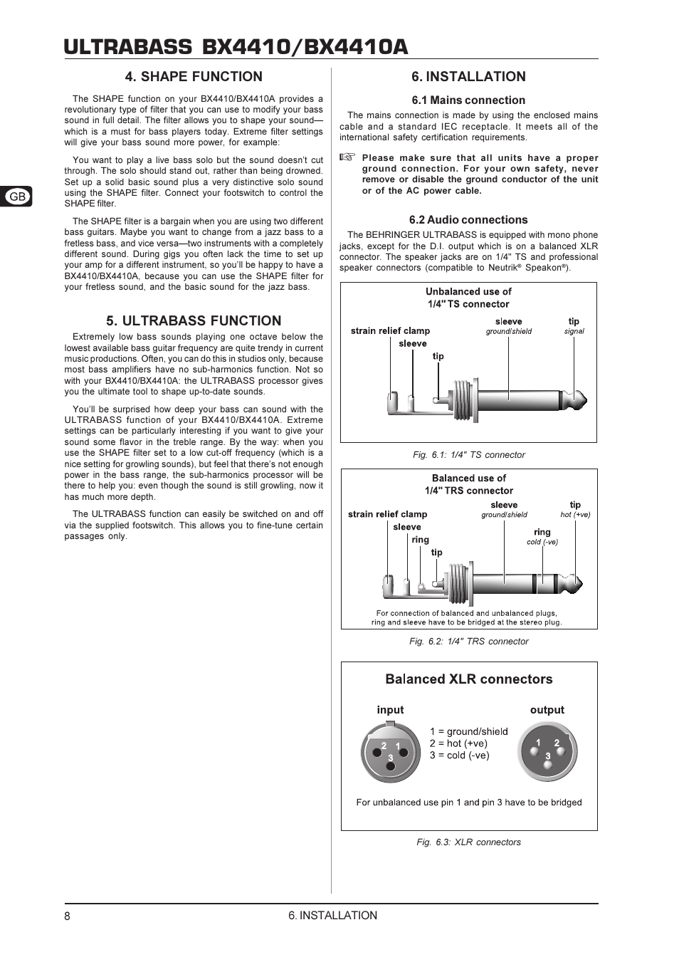 Shape function, Ultrabass function, Installation | Behringer Ultrabass BX4410 User Manual | Page 8 / 10