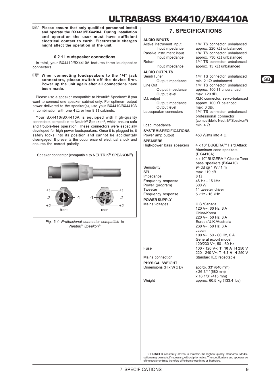 Specifications | Behringer Ultrabass BX4410 User Manual | Page 9 / 10