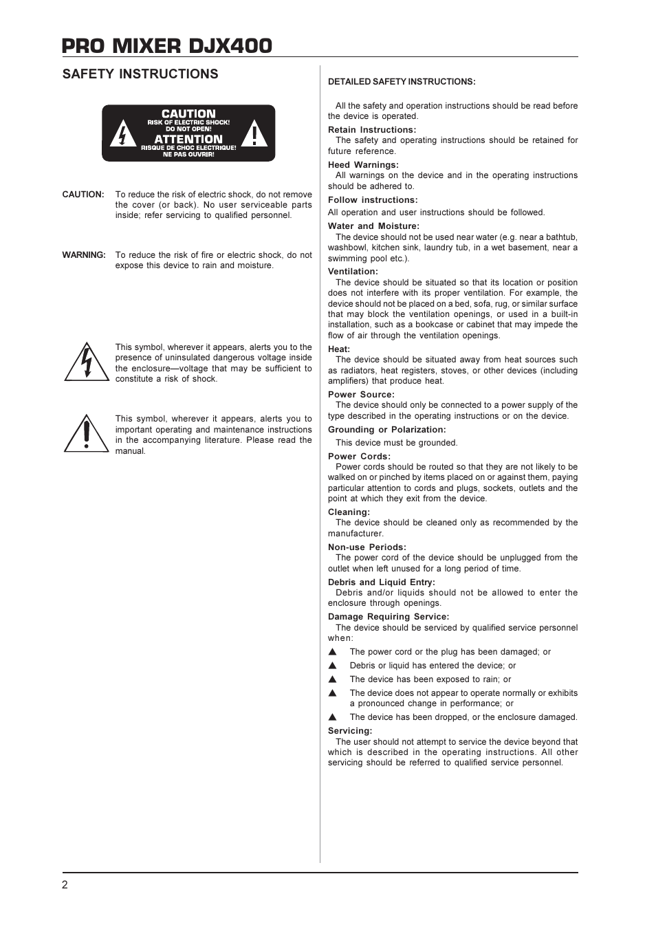 Pro mixer djx400, Safety instructions | Behringer DJX400 User Manual | Page 2 / 9