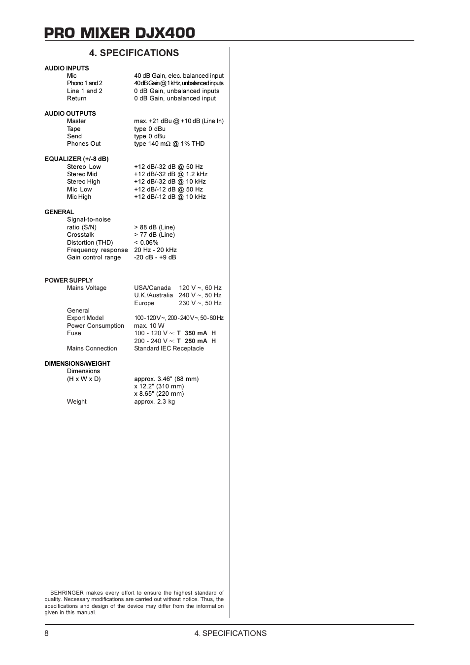 Pro mixer djx400, Specifications | Behringer DJX400 User Manual | Page 8 / 9
