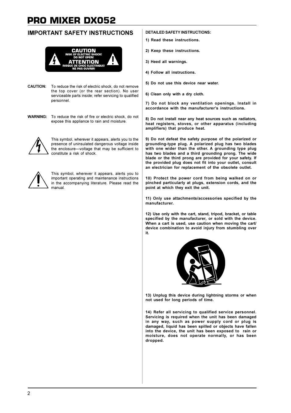 Pro mixer dx052, Important safety instructions | Behringer DX052 User Manual | Page 2 / 9