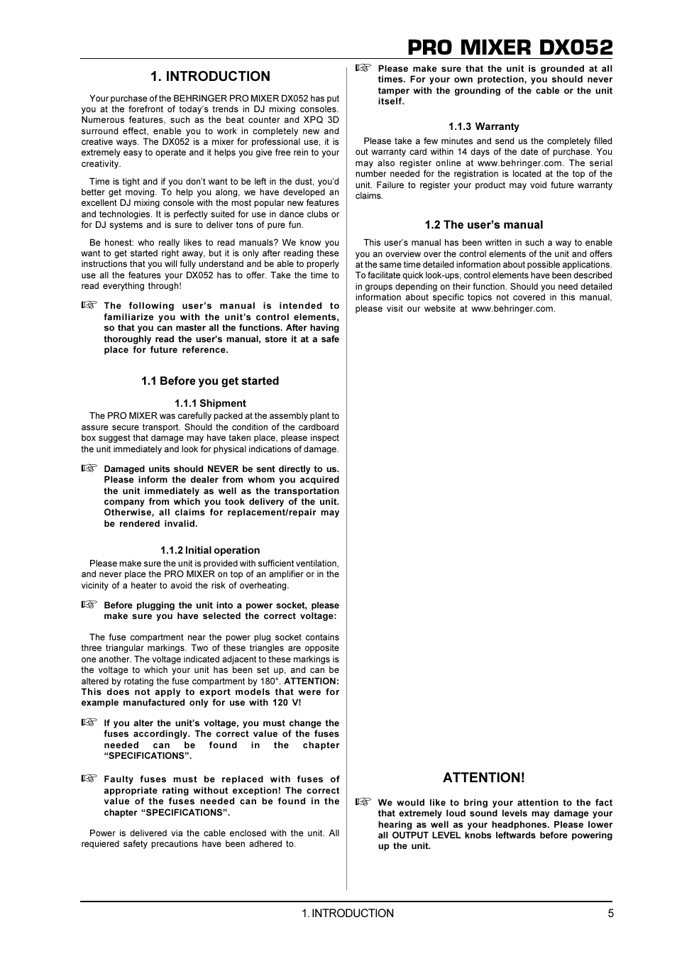 Pro mixer dx052, Introduction, Attention | Behringer DX052 User Manual | Page 5 / 9