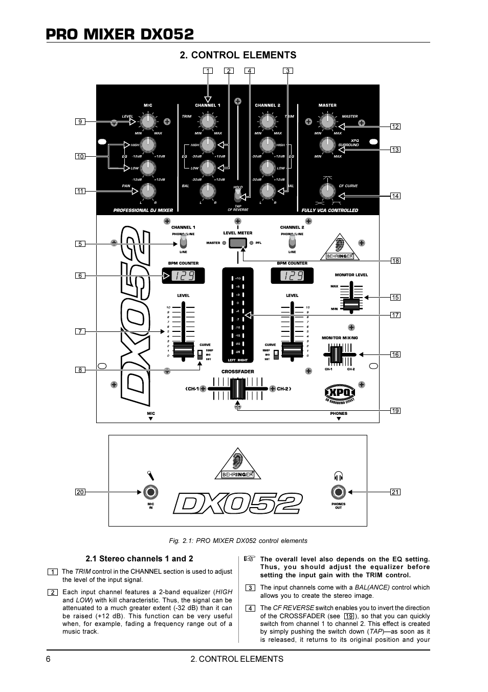 Pro mixer dx052, Control elements | Behringer DX052 User Manual | Page 6 / 9