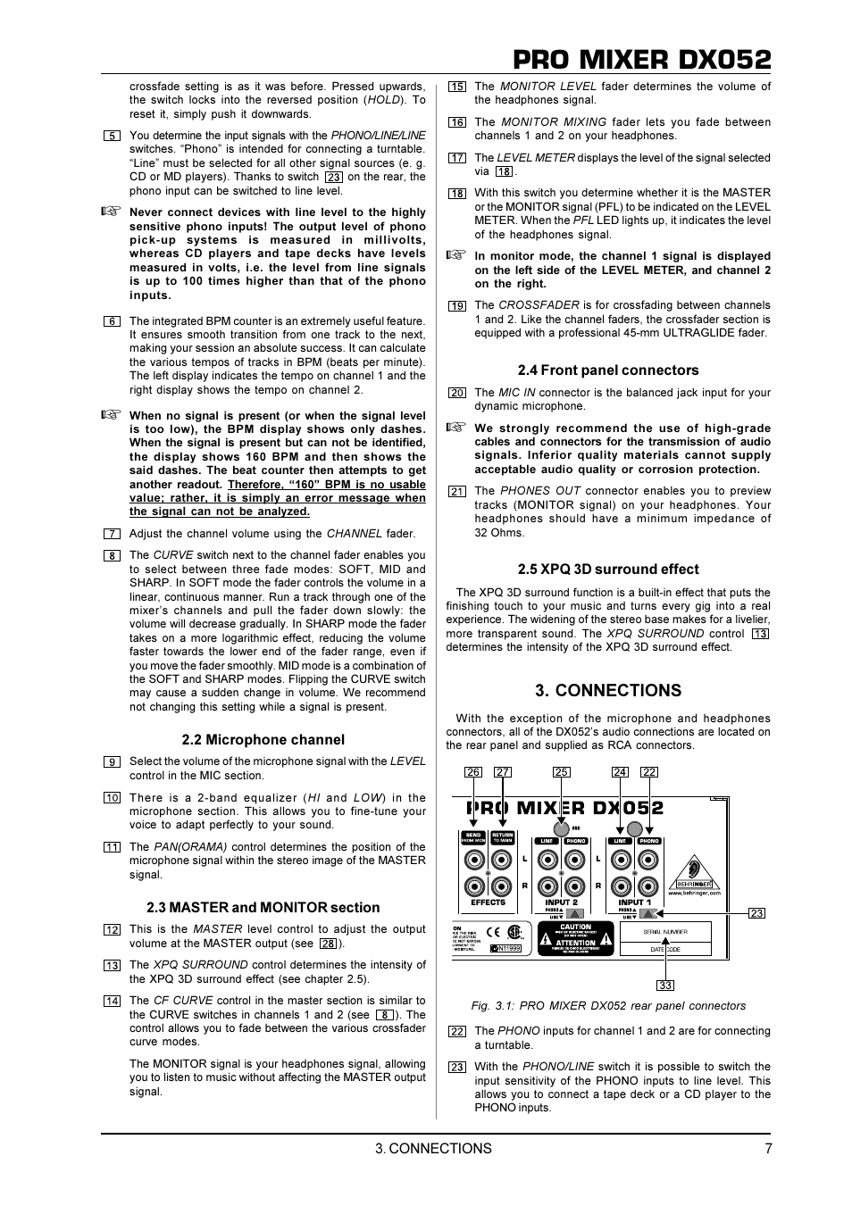 Pro mixer dx052, Connections | Behringer DX052 User Manual | Page 7 / 9