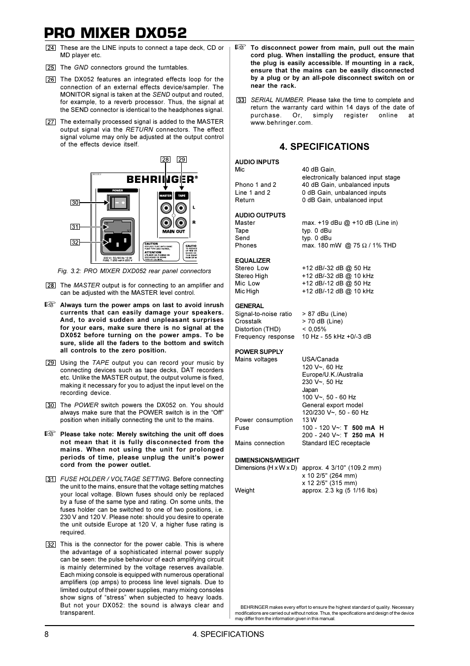 Pro mixer dx052, Specifications | Behringer DX052 User Manual | Page 8 / 9