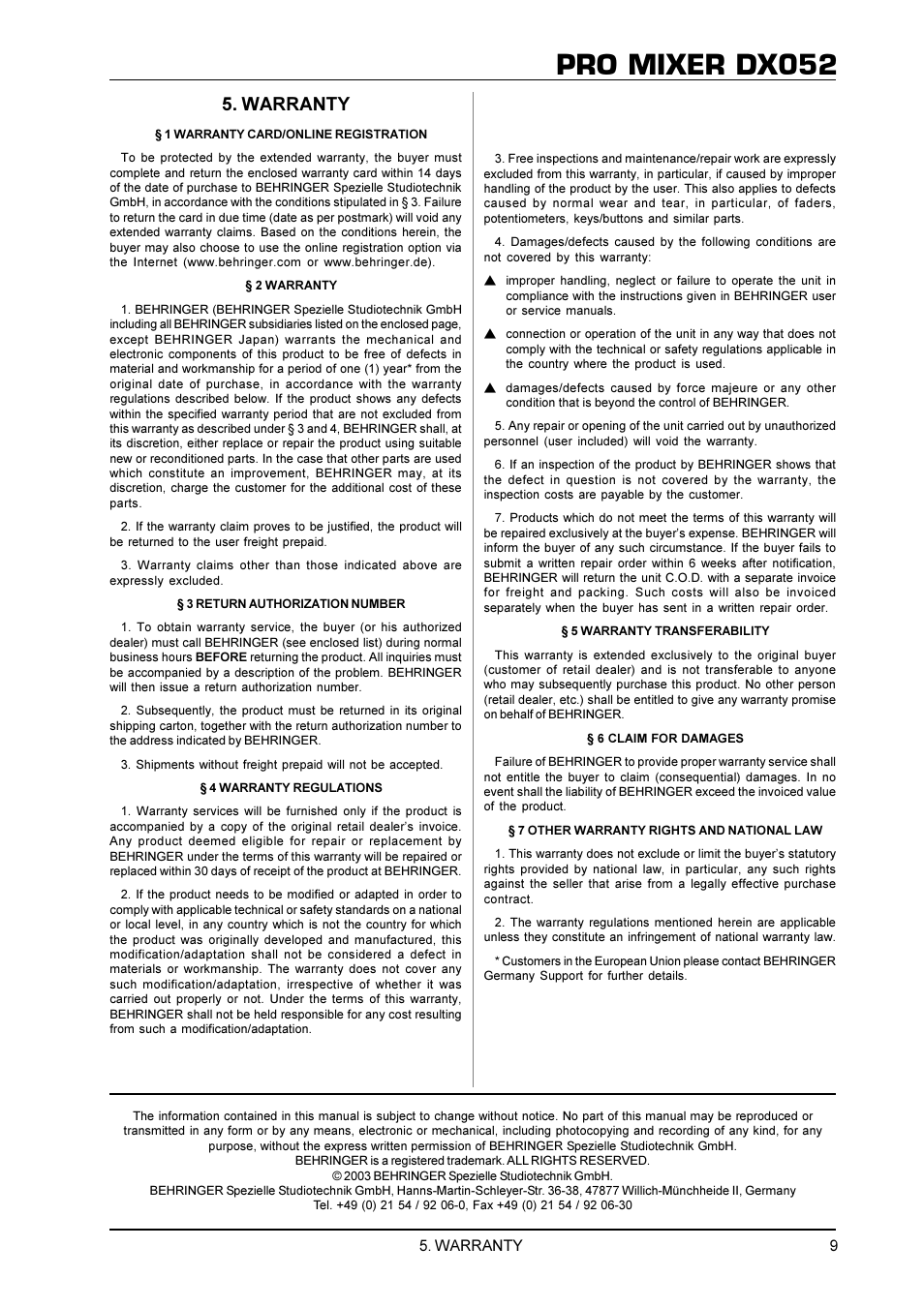 Pro mixer dx052, Warranty | Behringer DX052 User Manual | Page 9 / 9