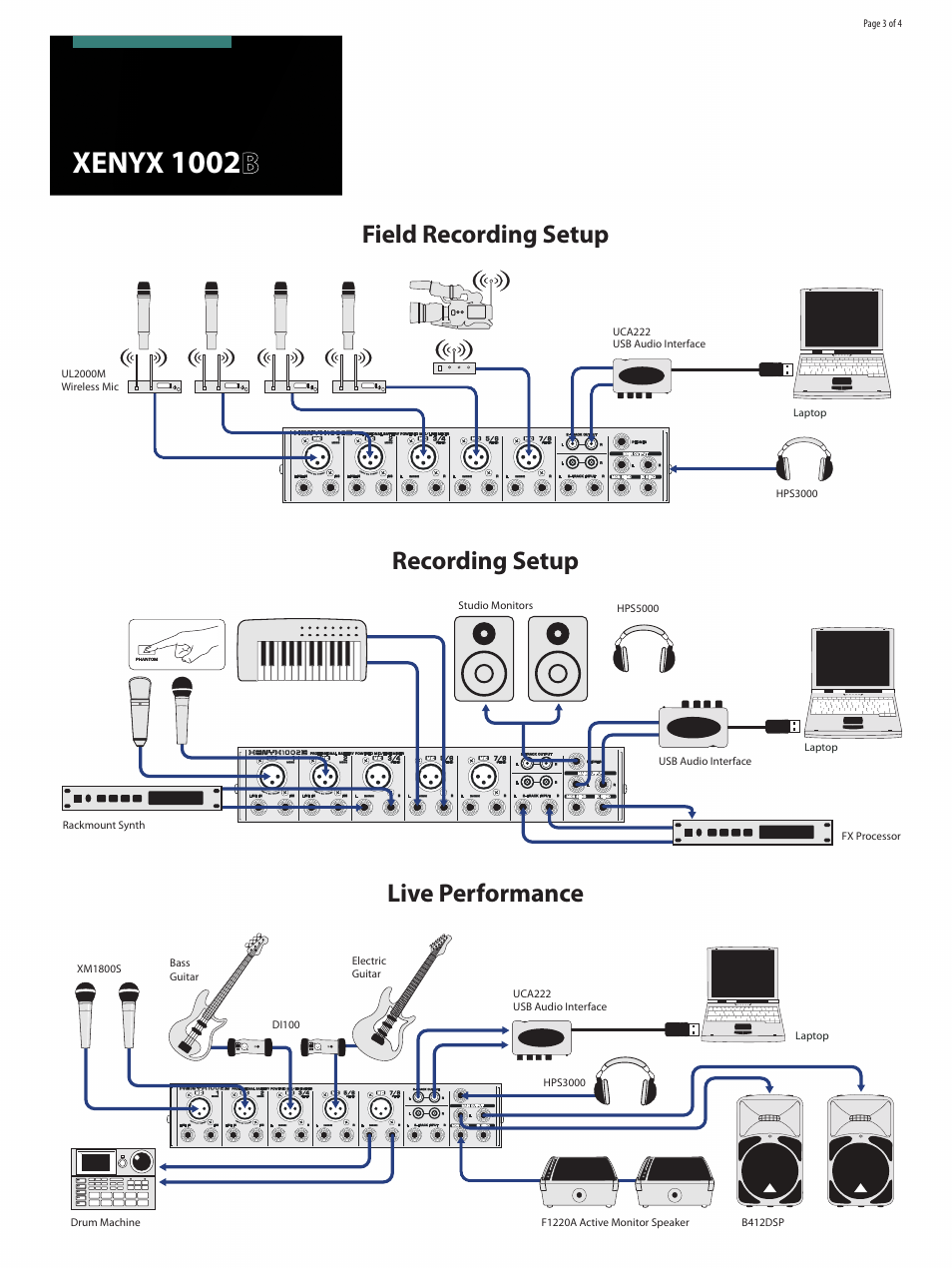 Xenyx, Recording setup field recording setup, Live performance | Behringer Premium 10-Input 2-Bus Mixer with XENYX Preamps User Manual | Page 3 / 4