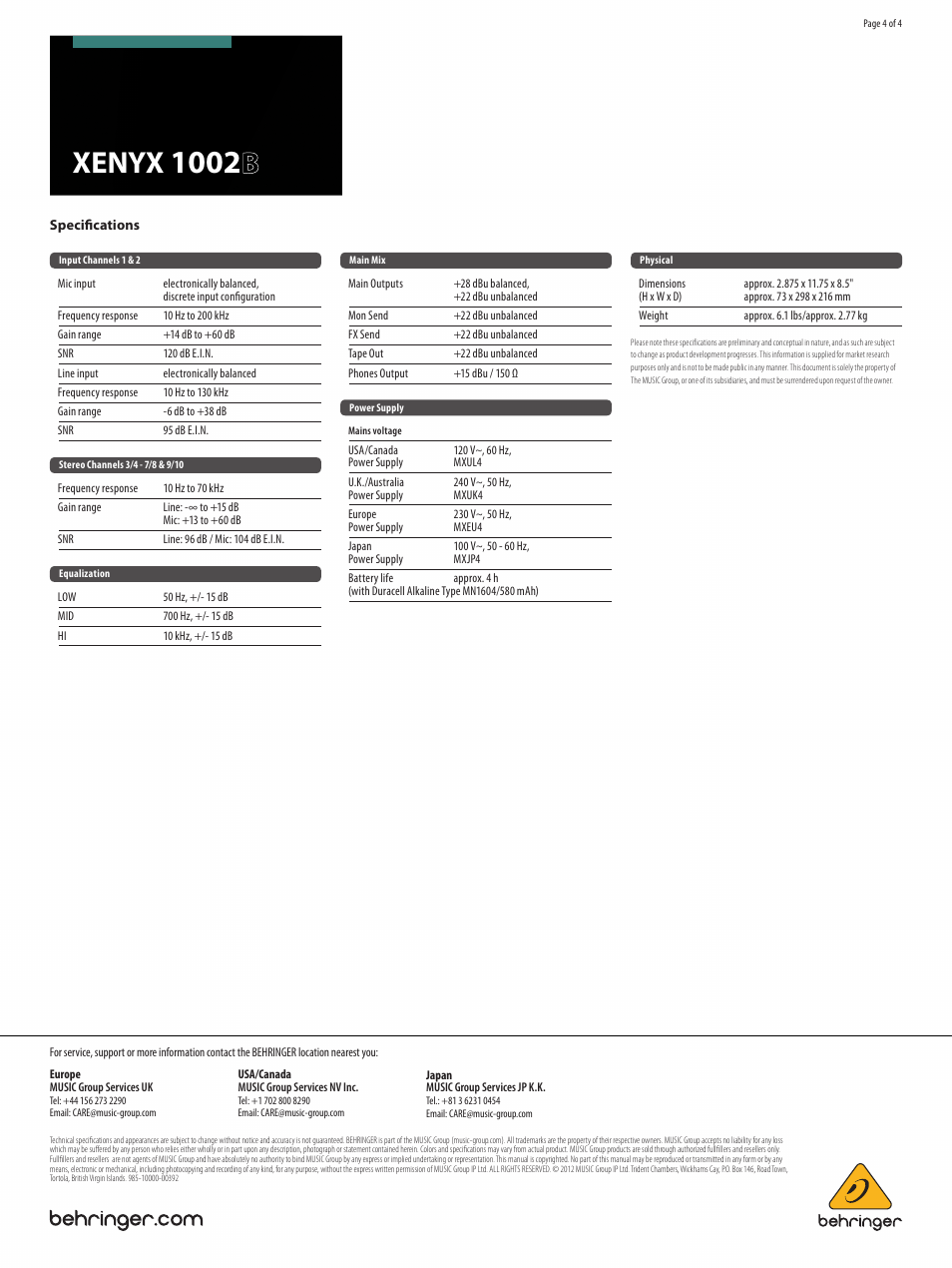Xenyx | Behringer Premium 10-Input 2-Bus Mixer with XENYX Preamps User Manual | Page 4 / 4