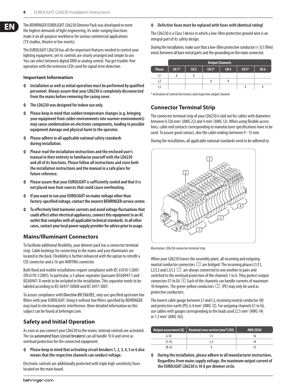 Mains/illuminant connectors, Safety and initial operation, Connector terminal strip | Behringer Eurolight LD6230 User Manual | Page 4 / 6