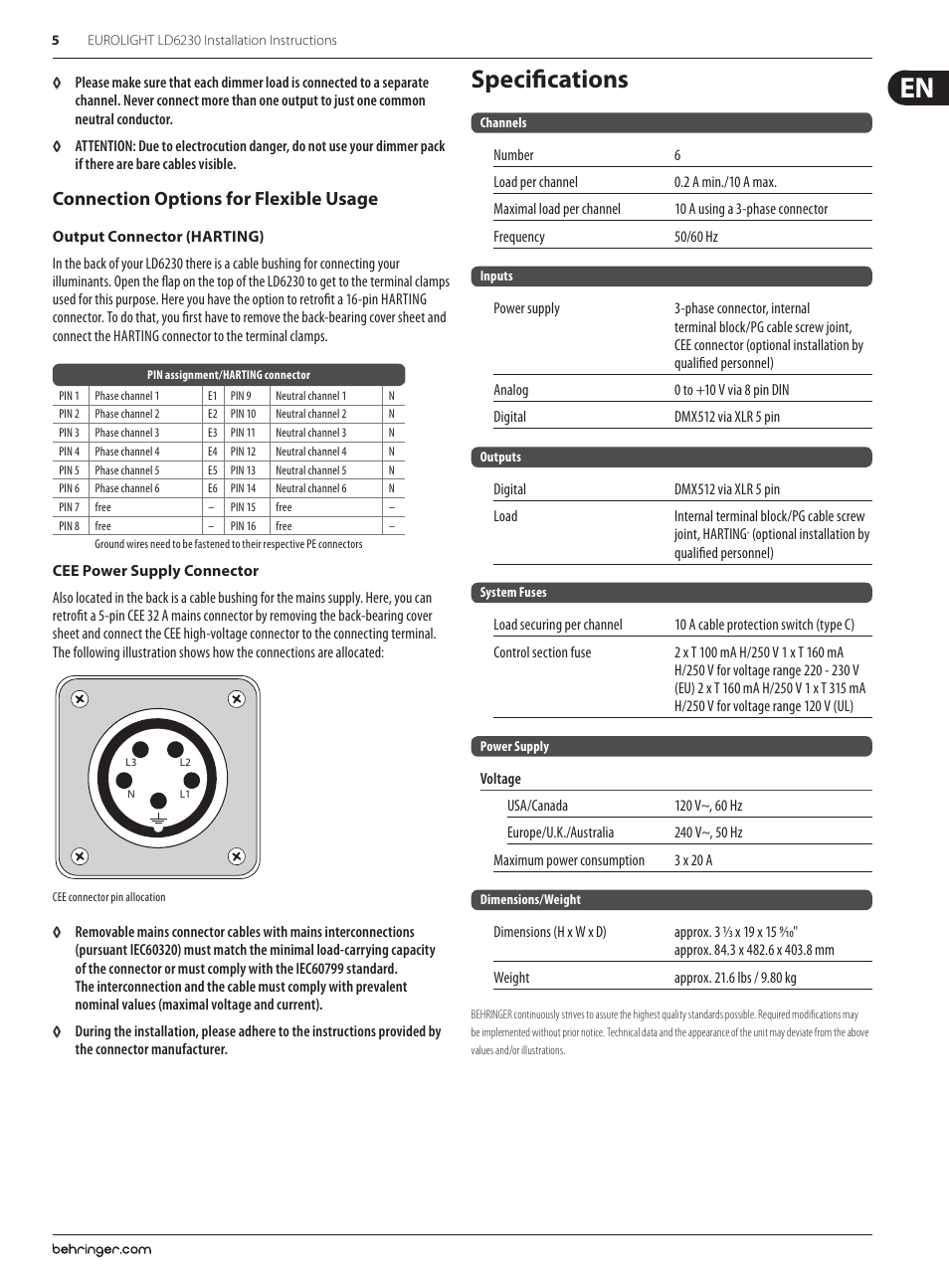 Specifications, Connection options for flexible usage | Behringer Eurolight LD6230 User Manual | Page 5 / 6