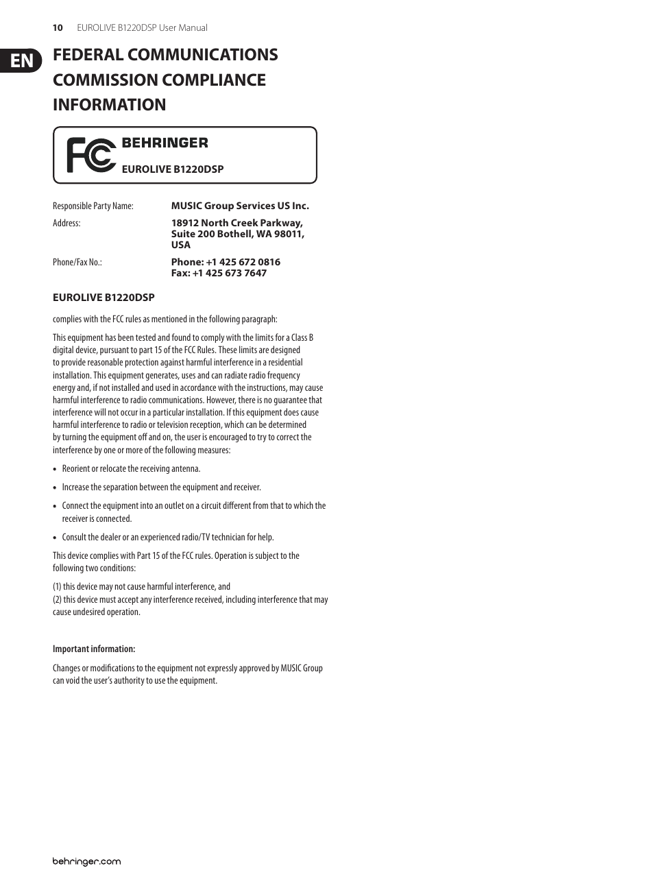 Behringer Digital Processor-Controlled 600-Watt 12" PA Speaker System with Integrated Mixer B1220DSP User Manual | Page 10 / 11
