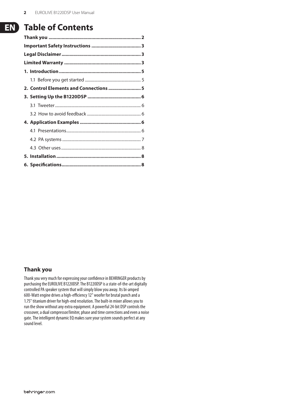 Behringer Digital Processor-Controlled 600-Watt 12" PA Speaker System with Integrated Mixer B1220DSP User Manual | Page 2 / 11