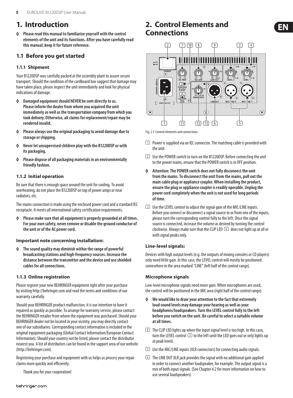 Introduction, 1 before you get started, Control elements and connections | Behringer Digital Processor-Controlled 600-Watt 12" PA Speaker System with Integrated Mixer B1220DSP User Manual | Page 5 / 11