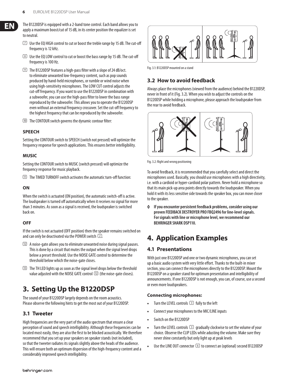 Setting up the b1220dsp, 1 tweeter, 2 how to avoid feedback | Application examples, 1 presentations, 1 tweeter 3.2 how to avoid feedback | Behringer Digital Processor-Controlled 600-Watt 12" PA Speaker System with Integrated Mixer B1220DSP User Manual | Page 6 / 11