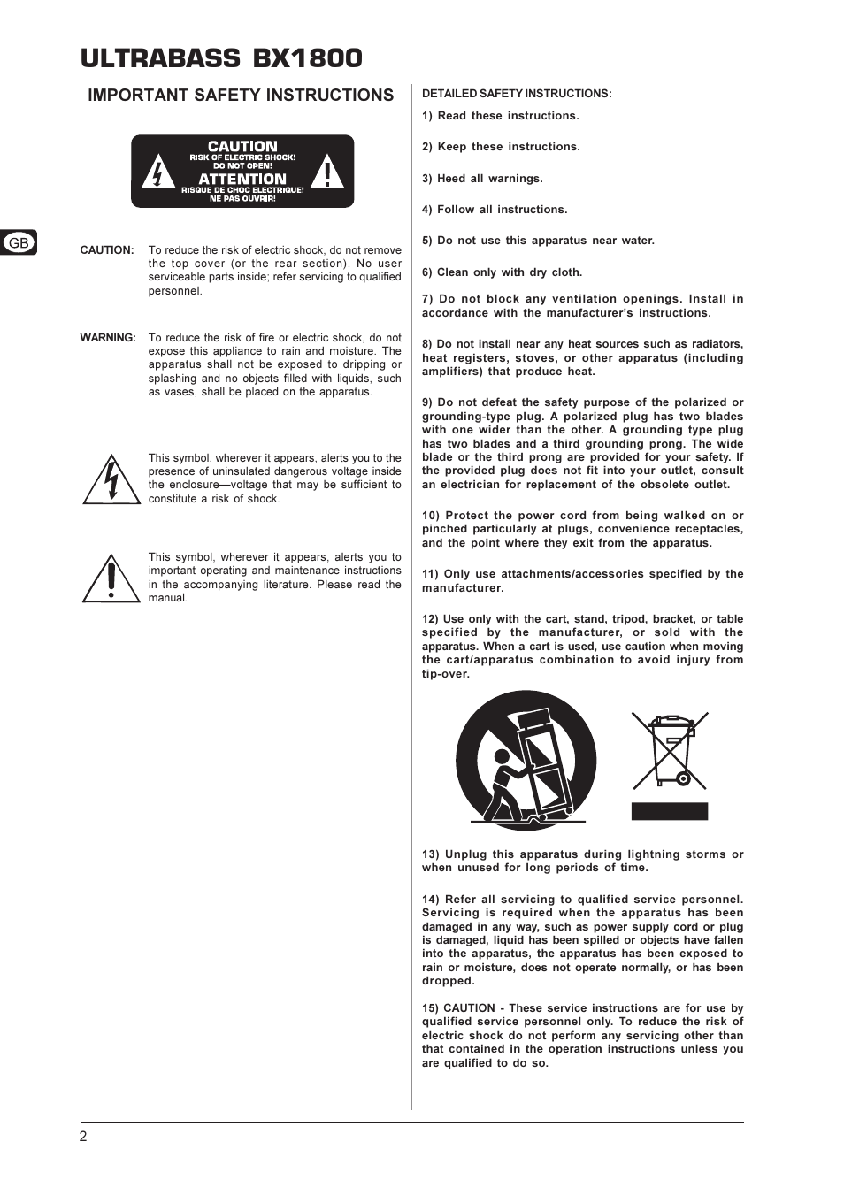 Ultrabass bx1800, Important safety instructions | Behringer BX1800 User Manual | Page 2 / 8