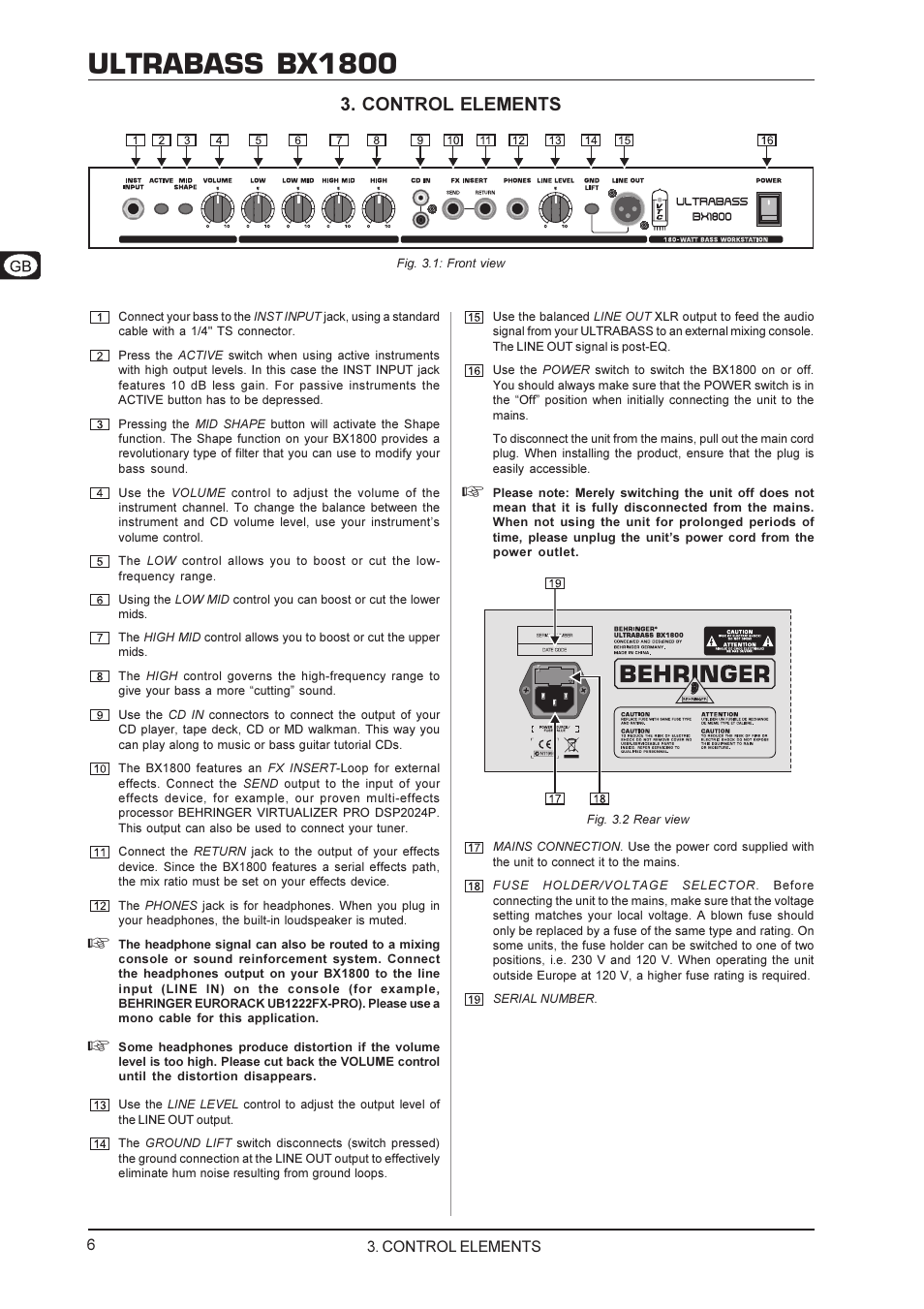 Ultrabass bx1800, Control elements | Behringer BX1800 User Manual | Page 6 / 8