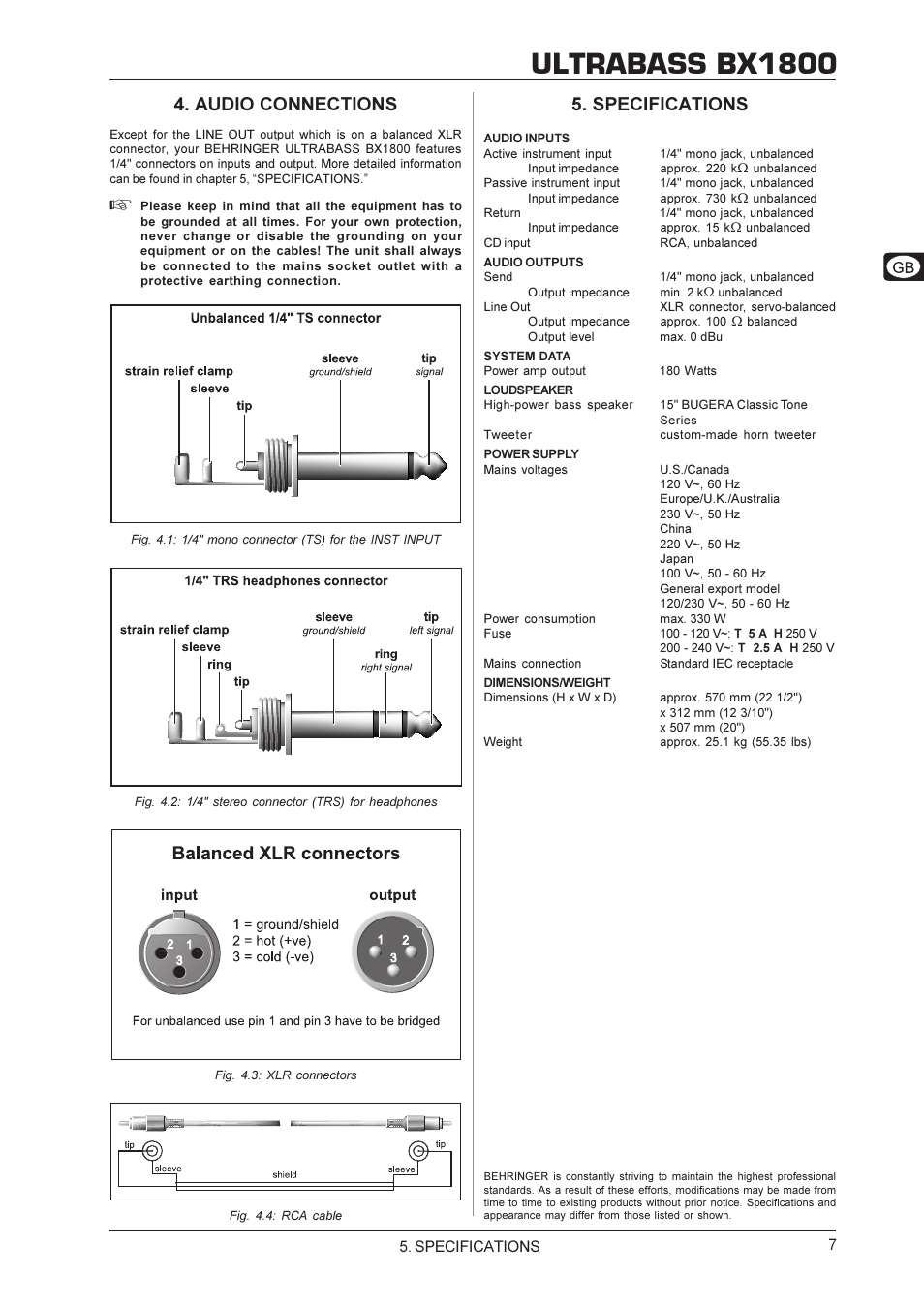 Ultrabass bx1800, Audio connections, Specifications | Behringer BX1800 User Manual | Page 7 / 8