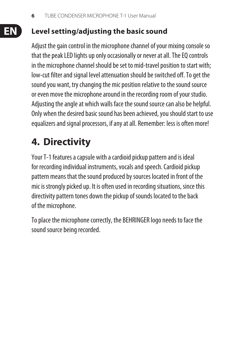 Directivity | Behringer Tube Condenser Microphone T-1 User Manual | Page 6 / 10