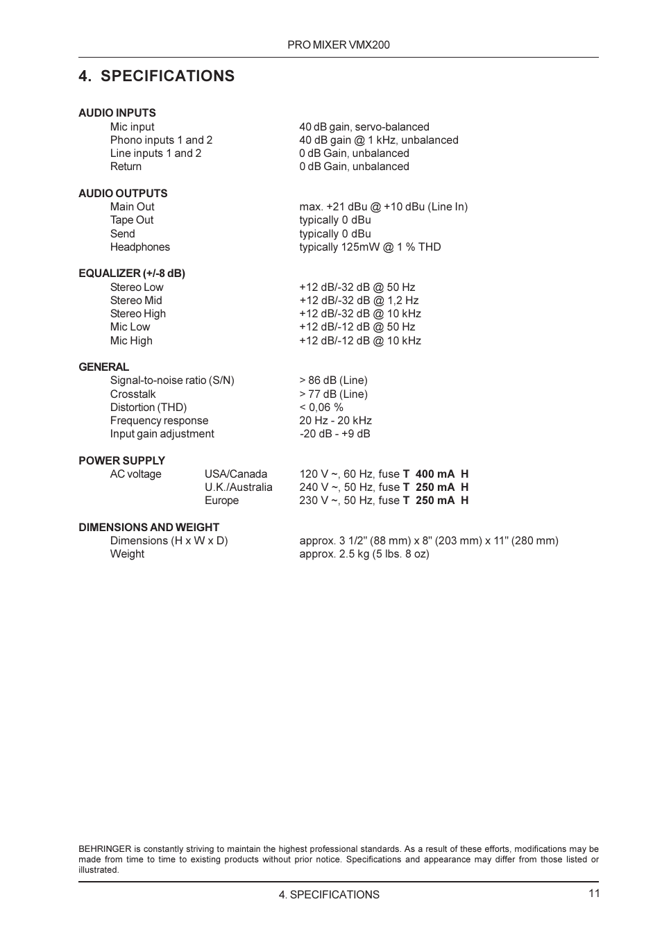 Specifications | Behringer Professional 2-channel ultra low-noise DJ mixer VMX200 User Manual | Page 11 / 13