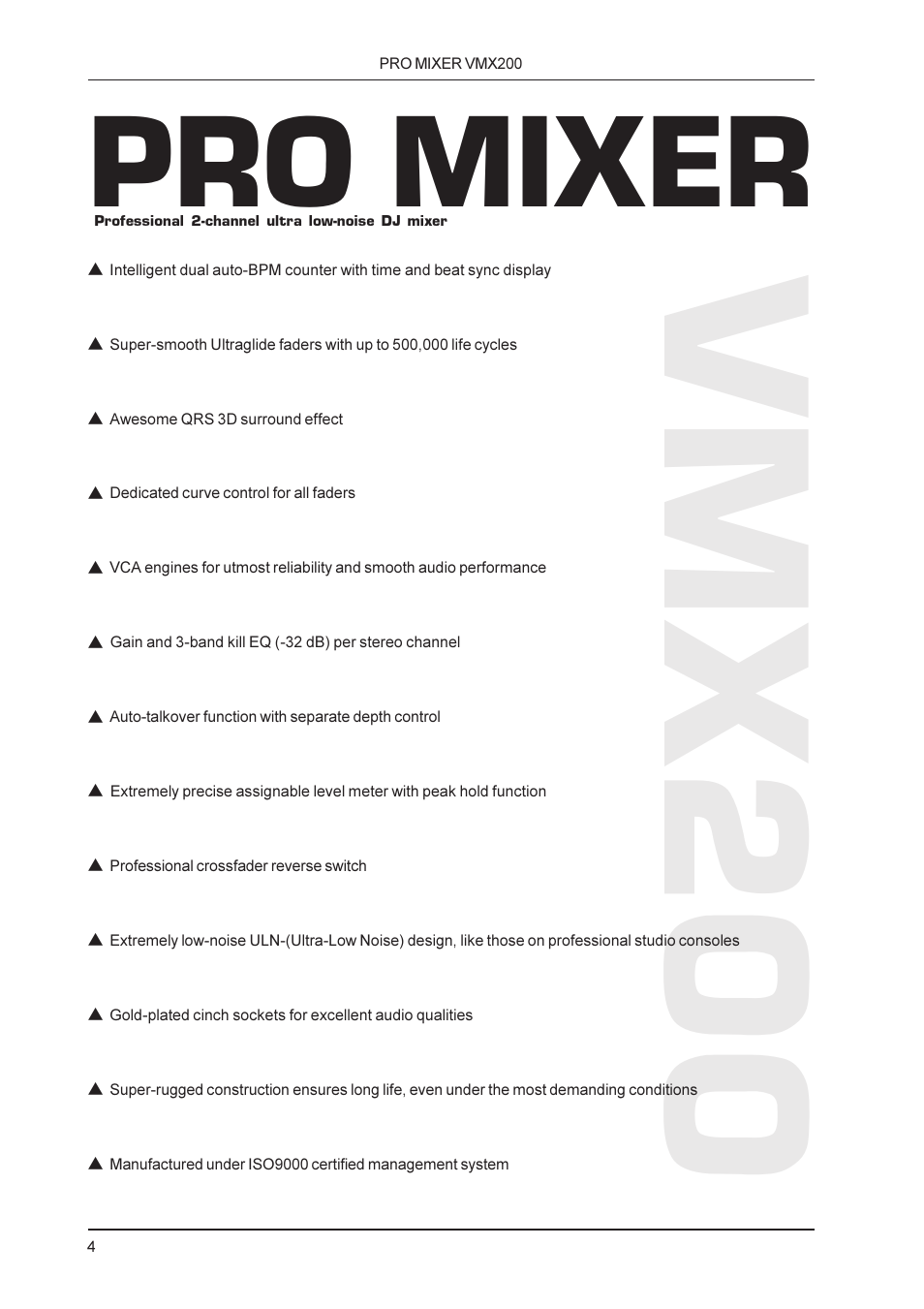 Vmx200, Pro mixer | Behringer Professional 2-channel ultra low-noise DJ mixer VMX200 User Manual | Page 4 / 13