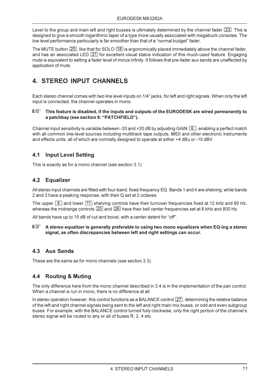 Stereo input channels | Behringer MX3282A User Manual | Page 11 / 33