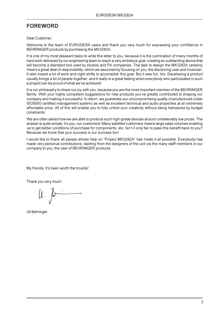 Foreword | Behringer MX3282A User Manual | Page 3 / 33