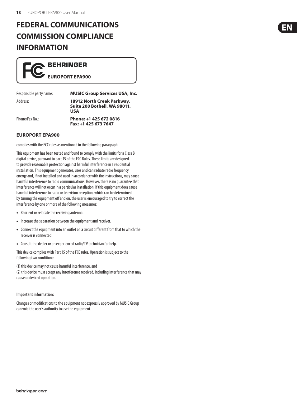 Behringer EUROPORT Ultra-Compact 900-Watt 8-Channel Portable PA System with Digital Effects and FBQ Feedback Detection EPA900 User Manual | Page 13 / 14