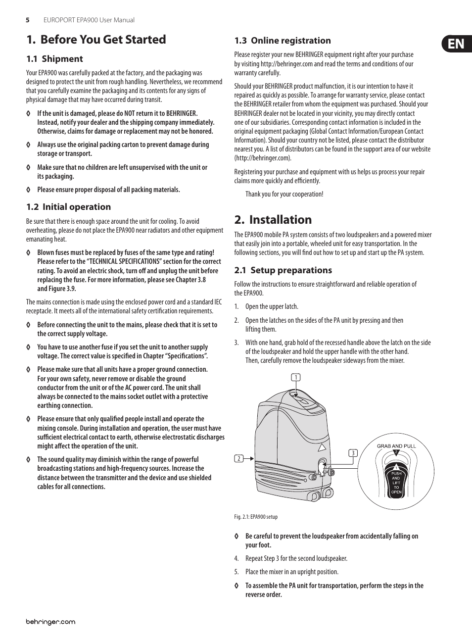 Before you get started, 1 shipment, 2 initial operation | 3 online registration, Installation, 1 setup preparations, Before you get started 1, Installation 2 | Behringer EUROPORT Ultra-Compact 900-Watt 8-Channel Portable PA System with Digital Effects and FBQ Feedback Detection EPA900 User Manual | Page 5 / 14