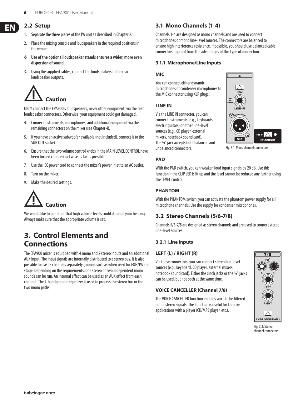 2 setup, Control elements and connections, 1 mono channels (1-4) | 1 microphone/line inputs, 2 stereo channels (5/6-7/8), 1 line inputs, Control elements and 3. connections | Behringer EUROPORT Ultra-Compact 900-Watt 8-Channel Portable PA System with Digital Effects and FBQ Feedback Detection EPA900 User Manual | Page 6 / 14