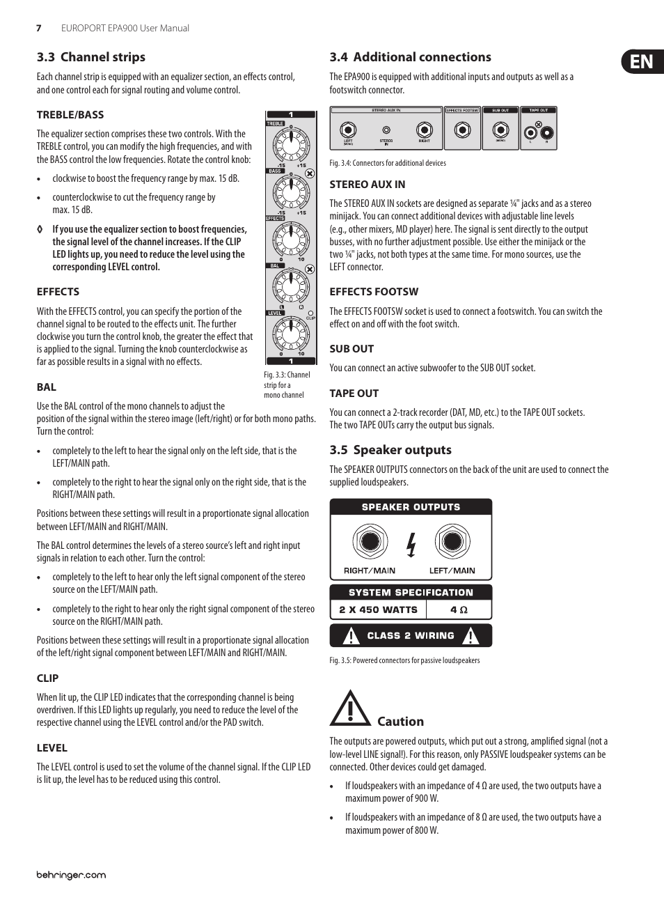 3 channel strips, 4 additional connections, 5 speaker outputs | Behringer EUROPORT Ultra-Compact 900-Watt 8-Channel Portable PA System with Digital Effects and FBQ Feedback Detection EPA900 User Manual | Page 7 / 14