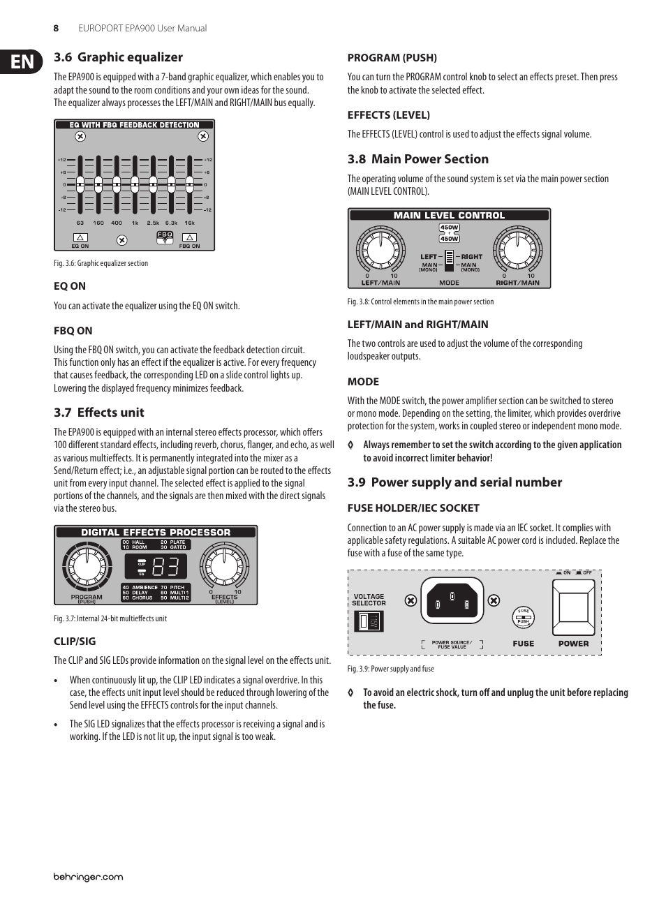 6 graphic equalizer, 7 effects unit, 8 main power section | 9 power supply and serial number | Behringer EUROPORT Ultra-Compact 900-Watt 8-Channel Portable PA System with Digital Effects and FBQ Feedback Detection EPA900 User Manual | Page 8 / 14