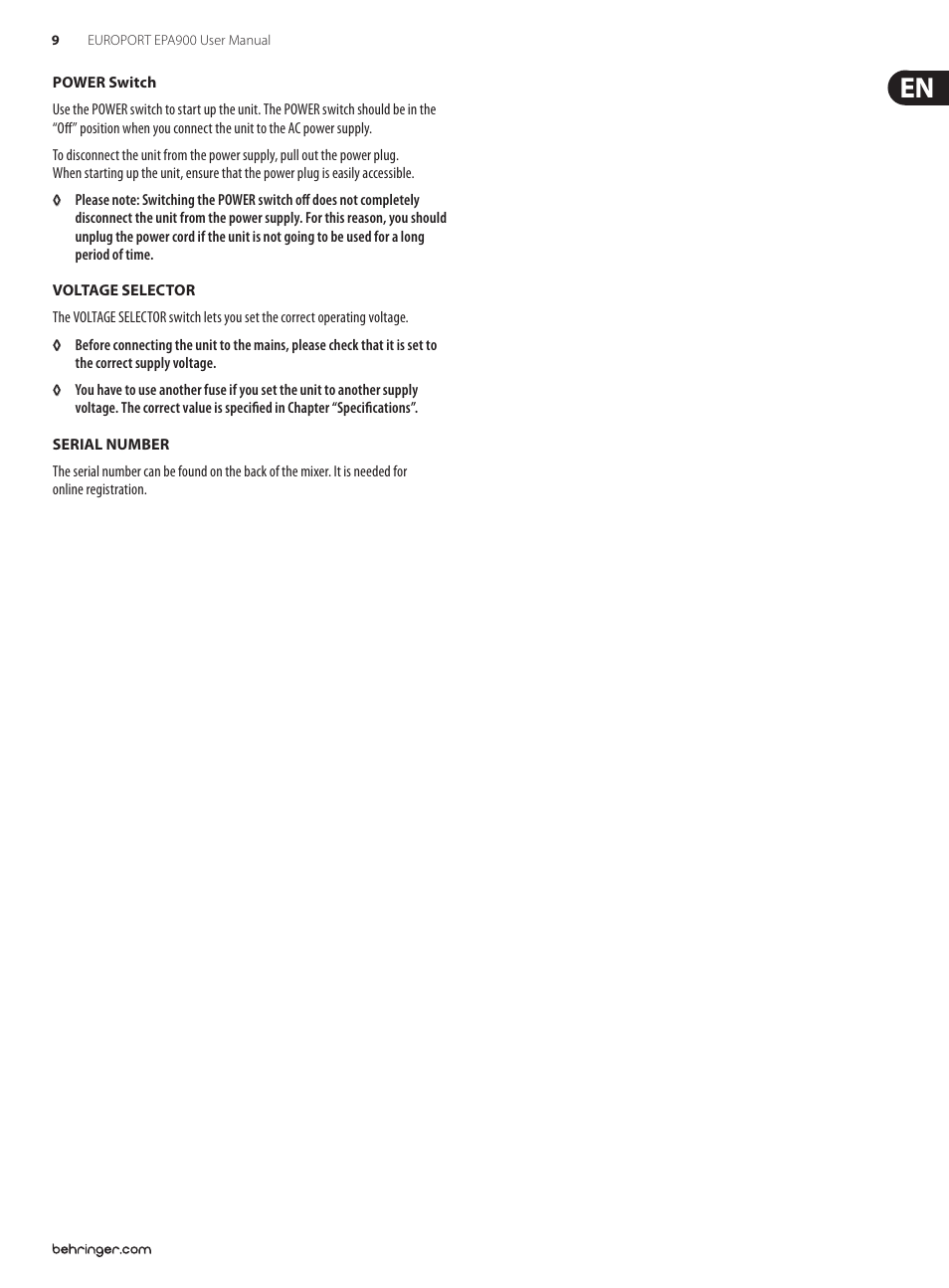 Behringer EUROPORT Ultra-Compact 900-Watt 8-Channel Portable PA System with Digital Effects and FBQ Feedback Detection EPA900 User Manual | Page 9 / 14