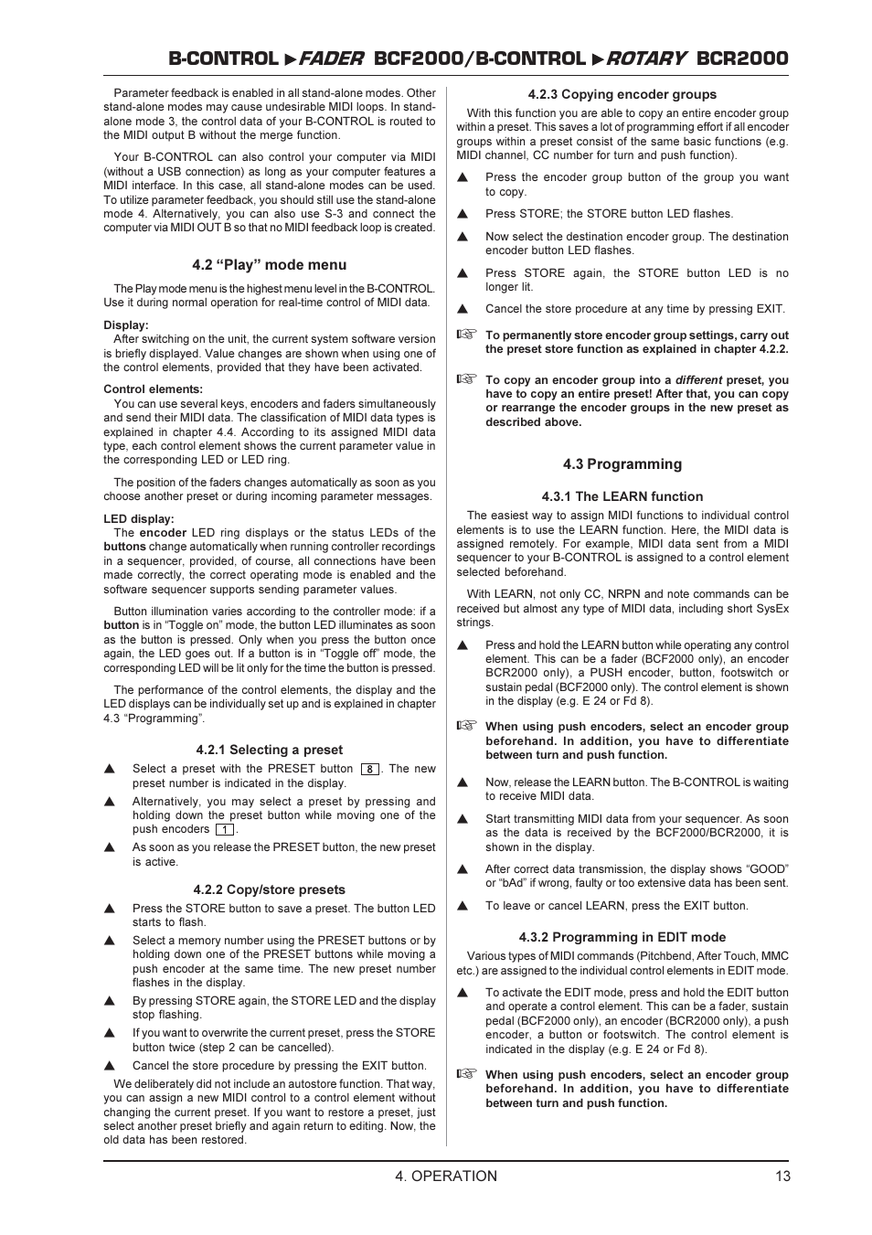 2 play mode menu, 3 programming, Operation | Behringer BCR2000 User Manual | Page 13 / 21