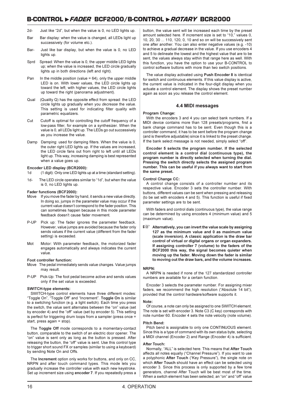 Operation, 4 midi messages | Behringer BCR2000 User Manual | Page 16 / 21