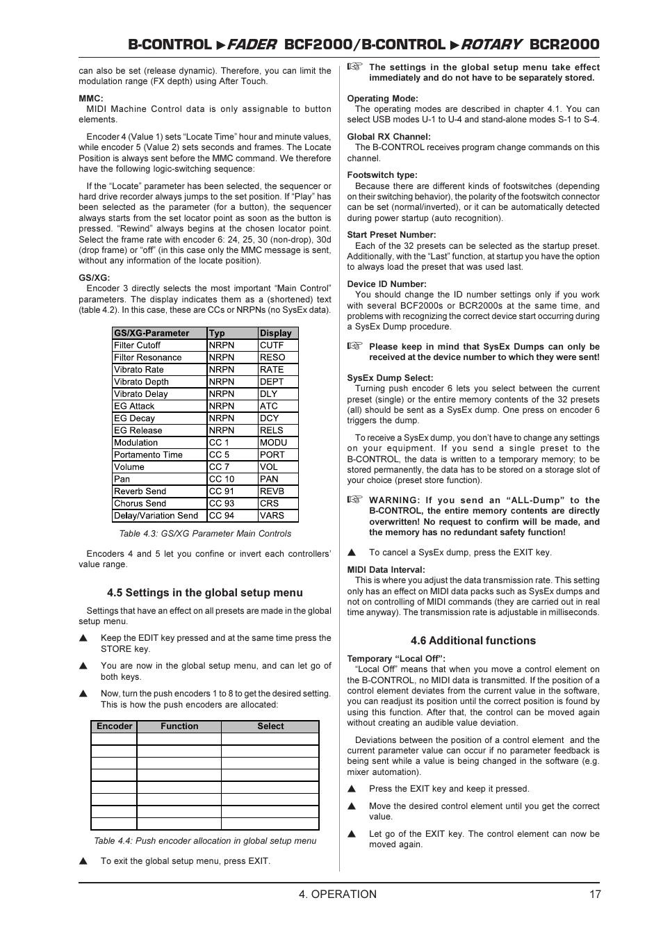5 settings in the global setup menu, Operation, 6 additional functions | Behringer BCR2000 User Manual | Page 17 / 21