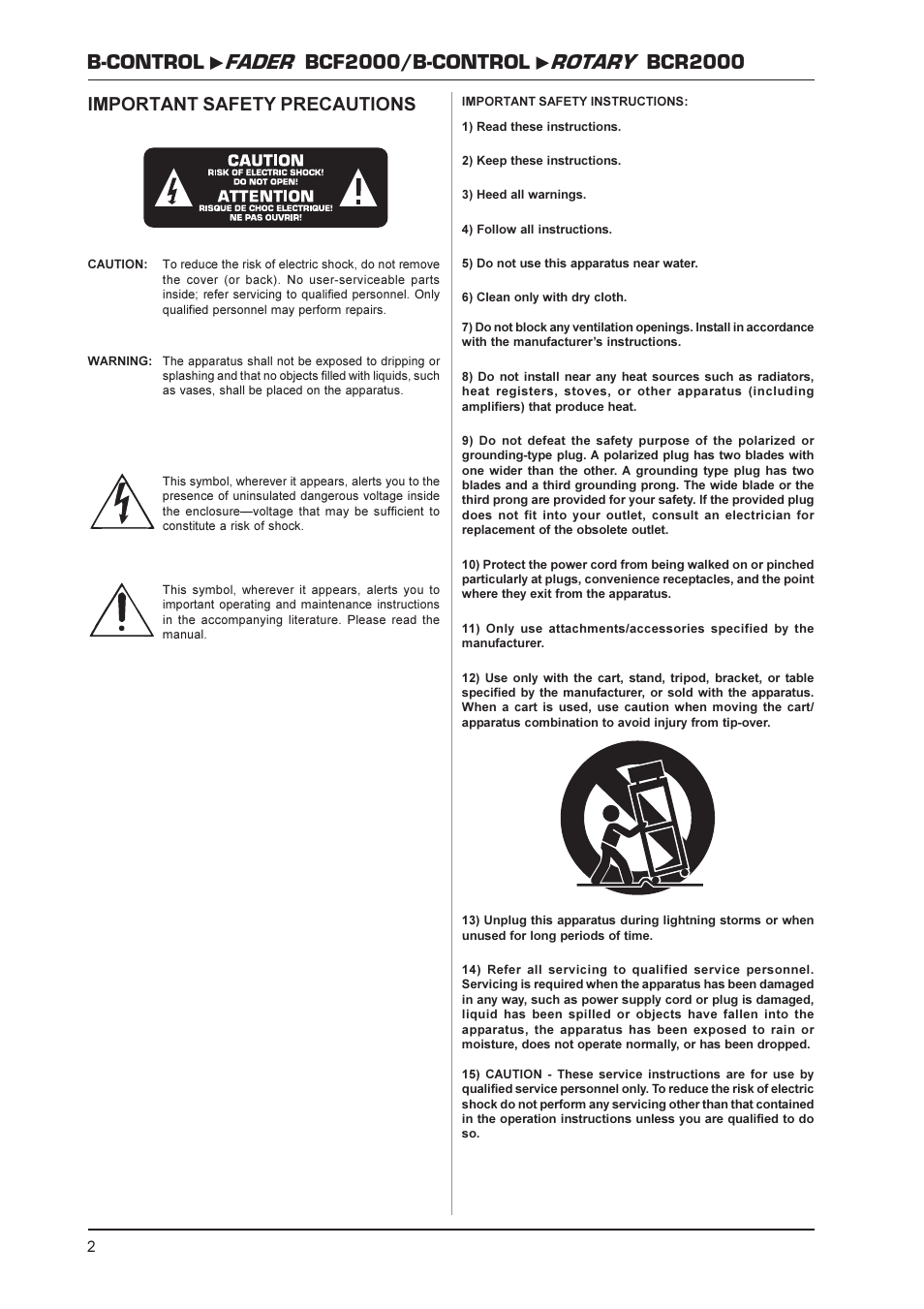Important safety precautions | Behringer BCR2000 User Manual | Page 2 / 21