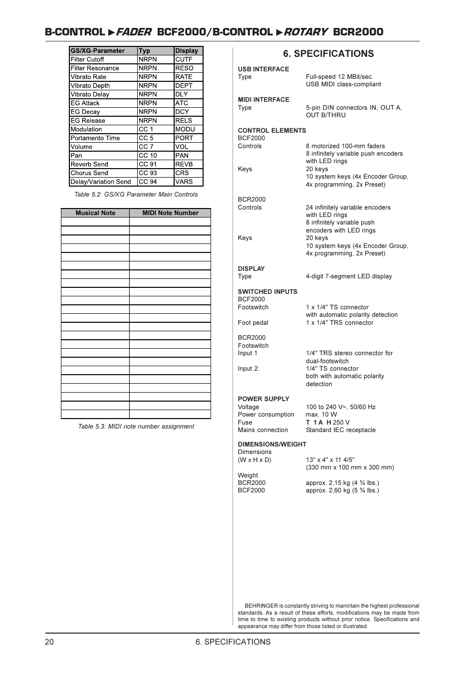 Specifications | Behringer BCR2000 User Manual | Page 20 / 21