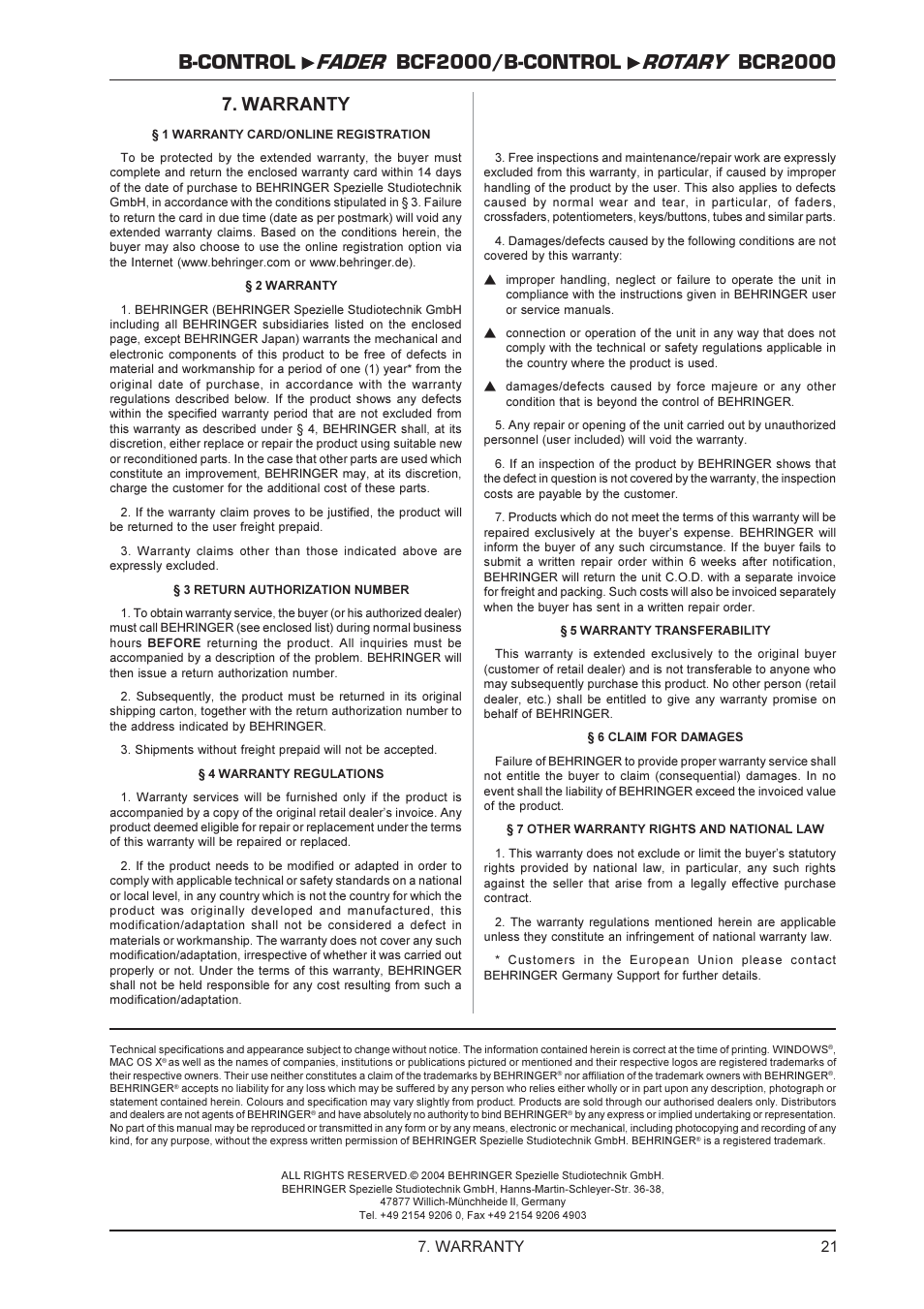 Warranty | Behringer BCR2000 User Manual | Page 21 / 21